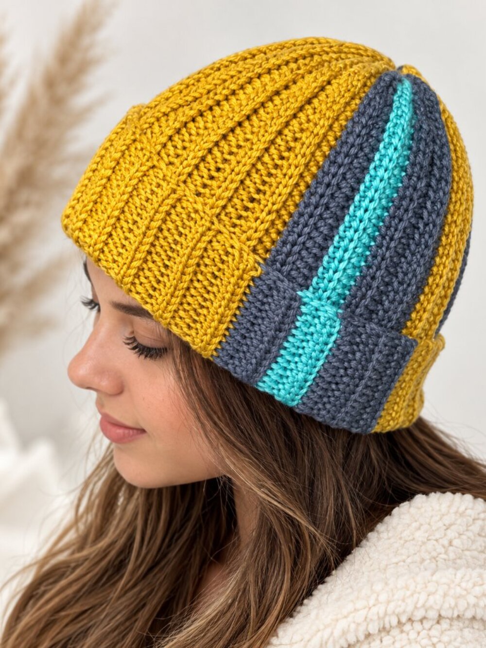 Unisex Color Block Knit Beanie Blue Gray Mustard Mint Slouchy Hat